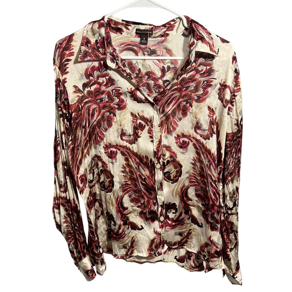 Dana Buchman Women's Size 16 Red Cream Paisley Button Up Blouse Top Long Sleeve‎